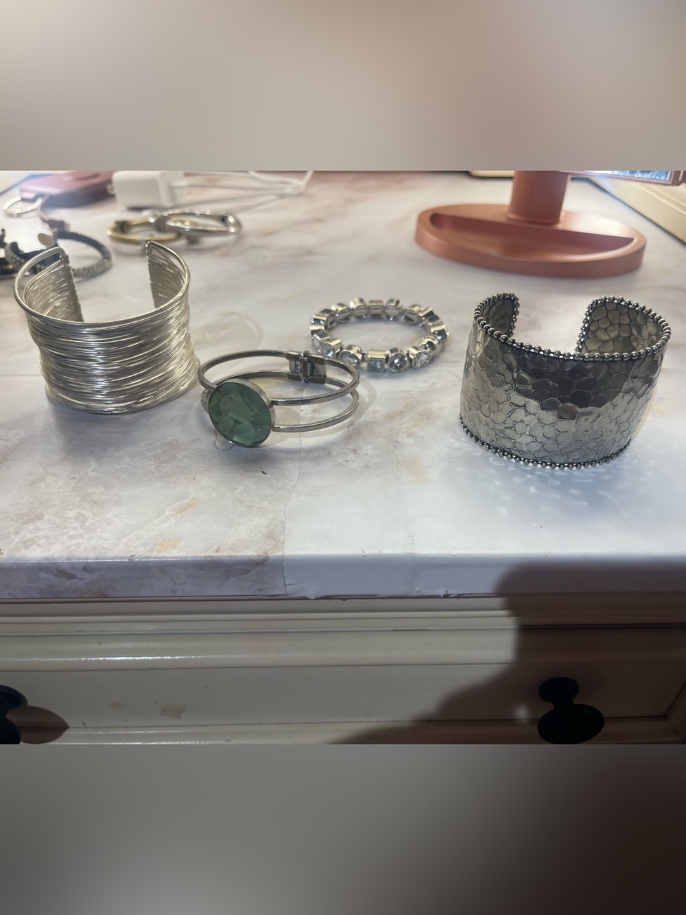 Mixed Silver Cuff Bracelets with Green Stone Accent